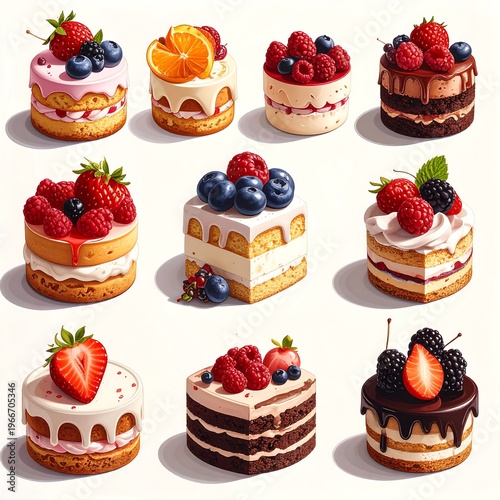 An assortment of decorated cakes with various fruits