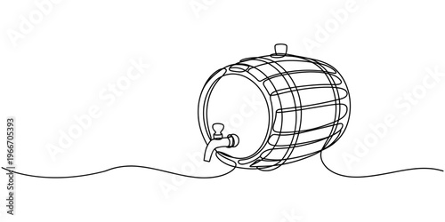 A continuous line drawing of a wooden barrel with a spigot on a stand on white background, Continuous line drawing wooden oak beer barrel with a tap icon vector illustration concept, Hand drawn wooden