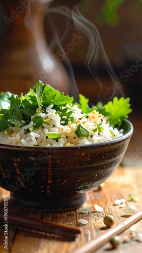 A steaming bowl of rice garnished with herbs on wooden tray