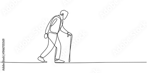 single line elderly man walking with cane. continuous line drawing of old grandfather with stick. senior mobility concept.one line vector illustration.