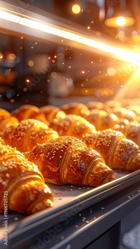 Golden croissants on a baking tray in a warm oven