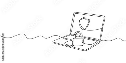 continuous one single line drawing of laptop and padlock with keys on screen as business concept of cyber security, Open laptop with closed padlock and shield badge continuous line drawing.