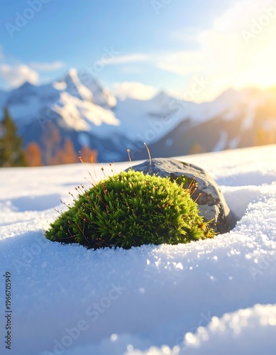 A vibrant green mossy patch on snow with a large rock behind, set against a blurred snowy mountain range and sunny blue sky