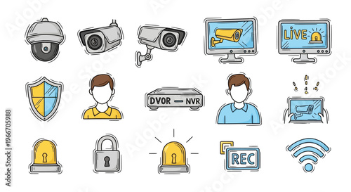 A collection of hand-drawn security and surveillance icons including various cameras, monitors, DVR/NVR, shield, padlock, alarm, recording, and Wi-Fi symbols.
