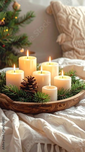 A warm and cozy setting with lit candles on a wooden tray