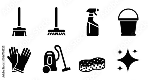 Cleaning Service Silhouette Icon Set Housekeeping Equipment Vector Isolated on White