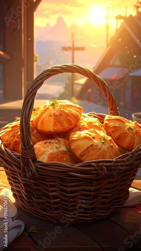 A wicker basket overflows with golden-brown bread rolls on a rustic table