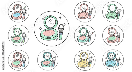 Collection of cute pastel makeup compacts and brushes in various colors, featuring smiling faces and sparkling details, presented as circular icons.