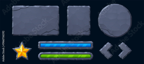 Game UI elements with stone frames and rock buttons for jungle adventure projects. Cartoon texture panels, ancient aztec boards and fantasy interface icons for gaming experience and RPG design.