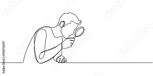 Continuous single one line sketch hand drawn drawing of business man hold magnifying glass to analyze work. Vector illustration