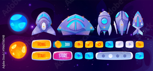 Space game UI elements with cartoon spaceship designs and alien planets on starry sky background. Rockets and interface buttons - engaging space adventure visuals for mobile arcade gaming projects.