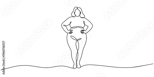 Overweight woman doing sports, running one line art. Continuous line drawing of body positive, overweight, Hand drawn one line vector. Editable stroke