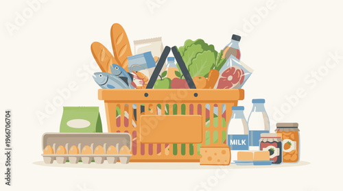 Shopping basket filled with fresh groceries and various food items