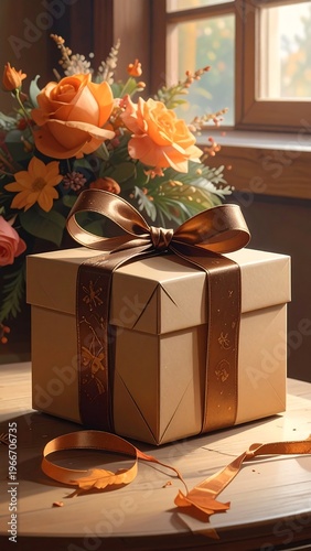 A wrapped gift box with a bow on a table beside flowers