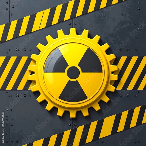 A yellow and black radiation symbol on a gear against a dark metal background with yellow caution stripes