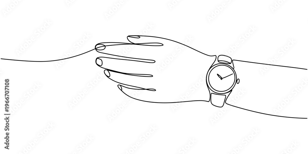 Obraz premium Hand wearing a wristwatch in continuous line drawing. Minimalist illustration for beauty and fashion, Continuous single line sketch drawing of people hand wearing wrist watch. One line art of business
