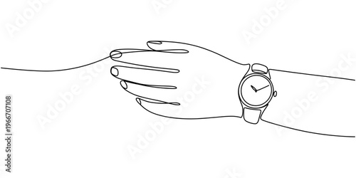 Hand wearing a wristwatch in continuous line drawing. Minimalist illustration for beauty and fashion, Continuous single line sketch drawing of people hand wearing wrist watch. One line art of business