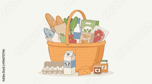 Full grocery shopping basket with fresh food and essential household items