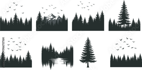 Black pine forest silhouette collection, mountain landscape with birds and spruce trees, nature outdoor adventure timberland design elements for vector illustration graphic projects,