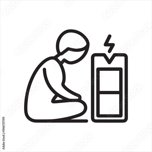 Mental fatigue icon. Vector thin line illustration with editable stroke showing burnout, exhaustion, energy depletion and chronic tiredness. Tired person with low battery