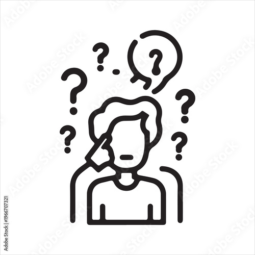Confused person with thought bubble and question marks icon. Memory loss, alzheimer, cognitive decline. vector thin line illustration, editable stroke