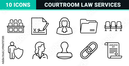 Judicial System and Legal Services Minimalist Geometric Line Art Icon Set featuring Law, Justice, and Courtroom Symbols in Monoline Aesthetic.