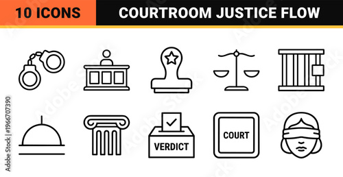 Legal and Judicial System Minimalist Geometric Line Art Icon Set for Professional Law Firm and Courtroom Database Indexing Utility