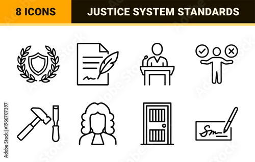 Legal and Judicial System Line Art Featuring Minimalist Monoline Symbols for Law Firms, Courtrooms, and Justice Department Branding.