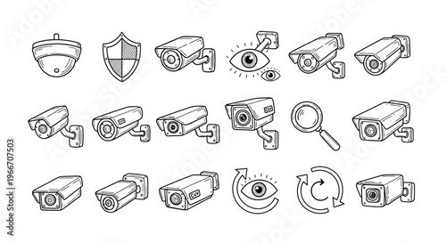 Collection of hand-drawn security camera and surveillance icons in line art style.