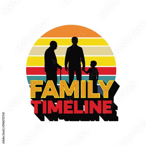 Family timeline graphic showing a silhouette of three generations against a retro sunset background.