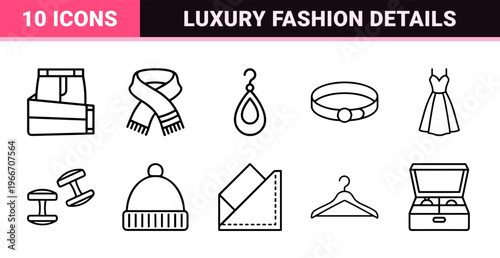 Minimalist Fashion and Apparel Line Icons featuring Clothing Accessories and Retail Elements in Clean Monoline Style