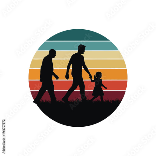 Silhouette of a grandfather father and daughter walking together during a retro sunset.