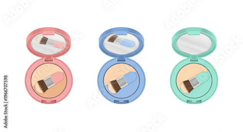 Three pastel-colored compact powder cases with mirrors and brushes, open to reveal the makeup.