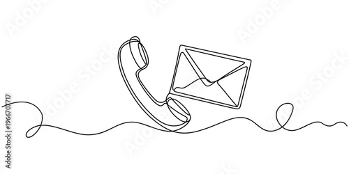 Customer service and Contact information phone or email thin line Icon - editable stroke, continuous one line drawing, phone receiver mail envelope continuous one line drawing style, Customer service.