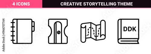 Creative Writing and Editorial Linear Graphic Elements Featuring Minimalist Monoline Storytelling Symbols and Author Tools for Digital Content.