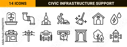Public Services and Urban Infrastructure Icon Set Featuring Minimalist Monoline Geometric Line Art for Civil Engineering and City Planning Utility.
