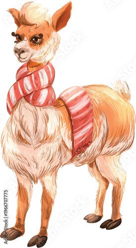 Watercolor style vector illustration of cute standing llama in red scarf isolated on white background