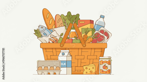 Illustration of full grocery shopping basket with various fresh food items and staples