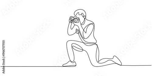 Continuous one line drawing photographer or paparazzi taking photo with modern digital cameras from all angles. Journalists or reporters with backpack making pictures. Single line draw design vector