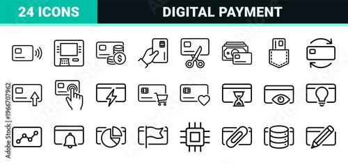 Digital Payment and Credit Card Minimalist Monoline Geometric Line Art for Commercial Finance and Banking Interface Design Applications