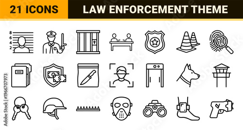 Law Enforcement and Criminal Justice Minimalist Monoline Outline Icons for Legal Documentation and Security Interface Design