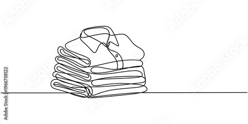 Illustration of ironing technology and a pile of clothes in a single, continuous line art style. one line drawing Editable stroke.