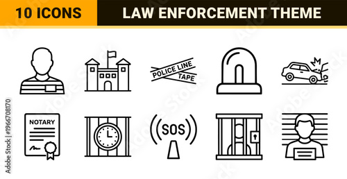 Law Enforcement and Criminal Justice Minimalist Monoline Icon Set Featuring Geometric Line Art for Legal and Forensic Applications.