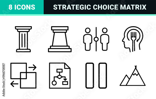 Decision Making and Legal Arbitration Icon Set Featuring Minimalist Monoline Geometric Outlines for Judicial and Strategic UI Design