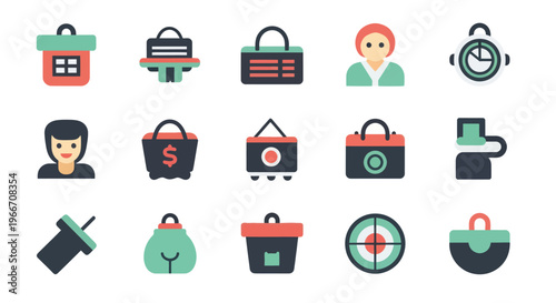 Shopping Icons Set: Bags, People, Target, Pin, Alarm Clock