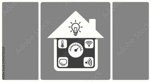 Smart Home Technology Concept: House Icon with Icons for Temperature, Wi-Fi, Light Bulb, and Automation