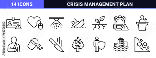 Emergency and Disaster Response Line Art. Minimalist Monoline Icon Set Featuring Crisis Management and Public Safety Geometric Symbols.