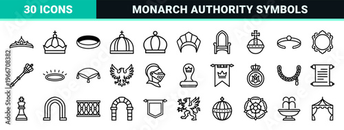 Minimalist Monoline Royal Crown and Heraldry Icon Set Featuring Geometric Line Art Symbols for Luxury Branding and Sovereign Regalia Design
