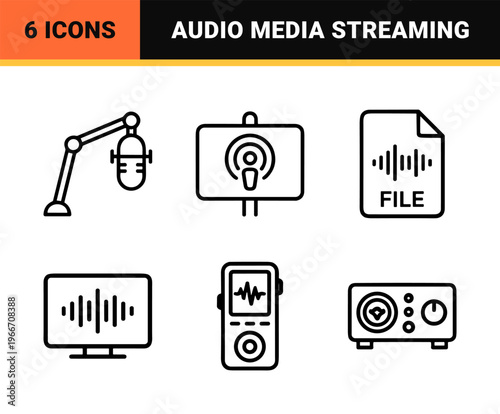 Professional Podcast and Digital Audio Production Outline Symbols, Minimalist Monoline Geometric Line Art for Media Streaming UI Design.