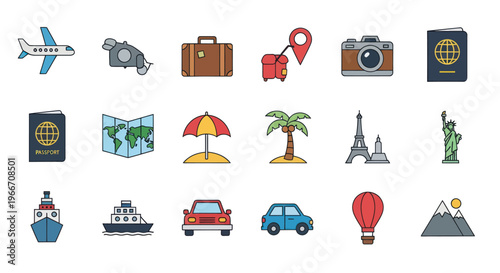 Travel Icons Set: Plane, Suitcase, Camera, Passport, Map, Landmarks & Transport